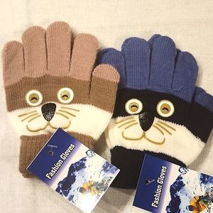 FASHION GLOVES UNISEX 2 PAIRS OF GLOVES WITH CAT FACE ONE SIZE